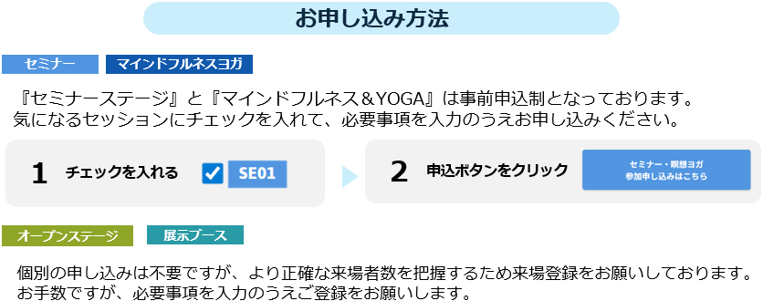 お申し込み方法 『セミナーステージ』と『マインドフルネス&YOGA』は事前申込制となっております。気になるセッションにチェックを入れて、必要事項を入力のうえお申し込みください。『オープンステージ』と『展示ブース』個別の申し込みは不要ですが、より正確な来場者数を把握するため来場登録をお願いしております。お手数ですが、必要事項を入力のうえご登録をお願いします。